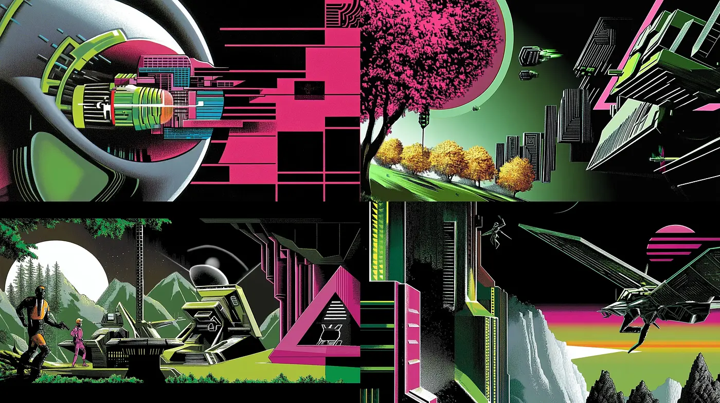 Synthetic Retrofuturism: A Neon-Infused Sci-Fi Dreamscape - Midjourney sref style