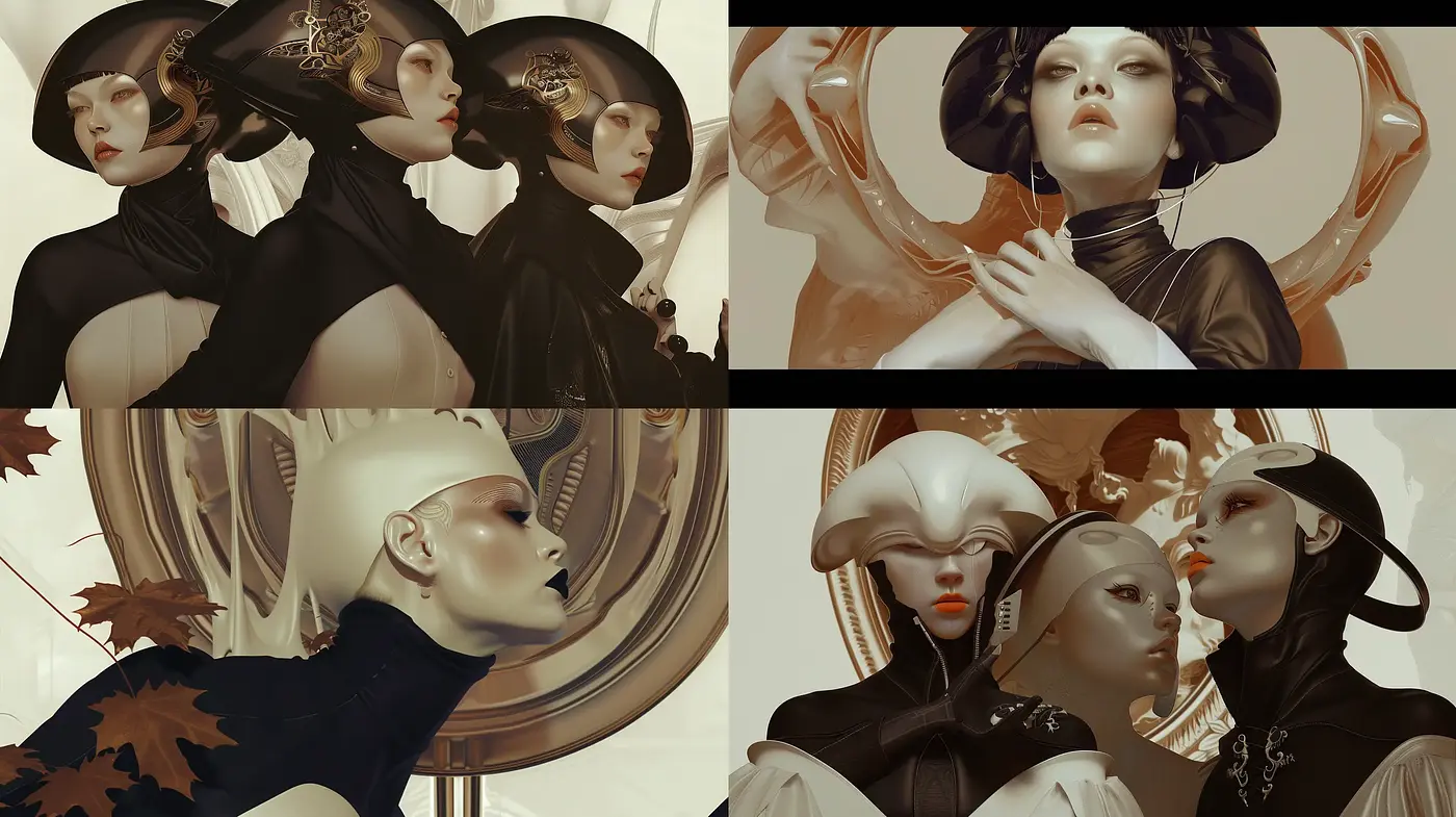 Surreal Elegance in Sepia: A Synthesis of Futuristic Fashion and Classic Sculpture - Midjourney sref style