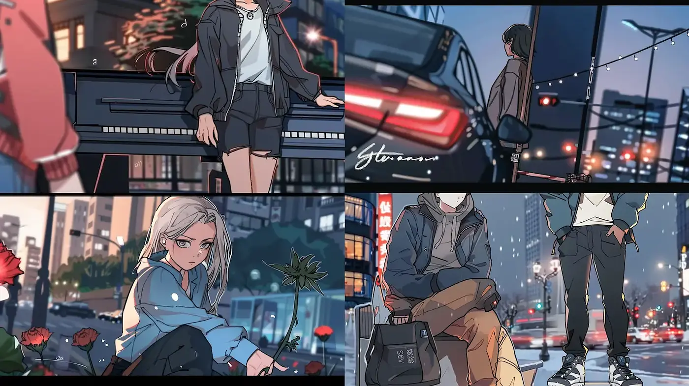 Stylized Urban Vignettes with a Contemporary Manga Influence - Midjourney sref style