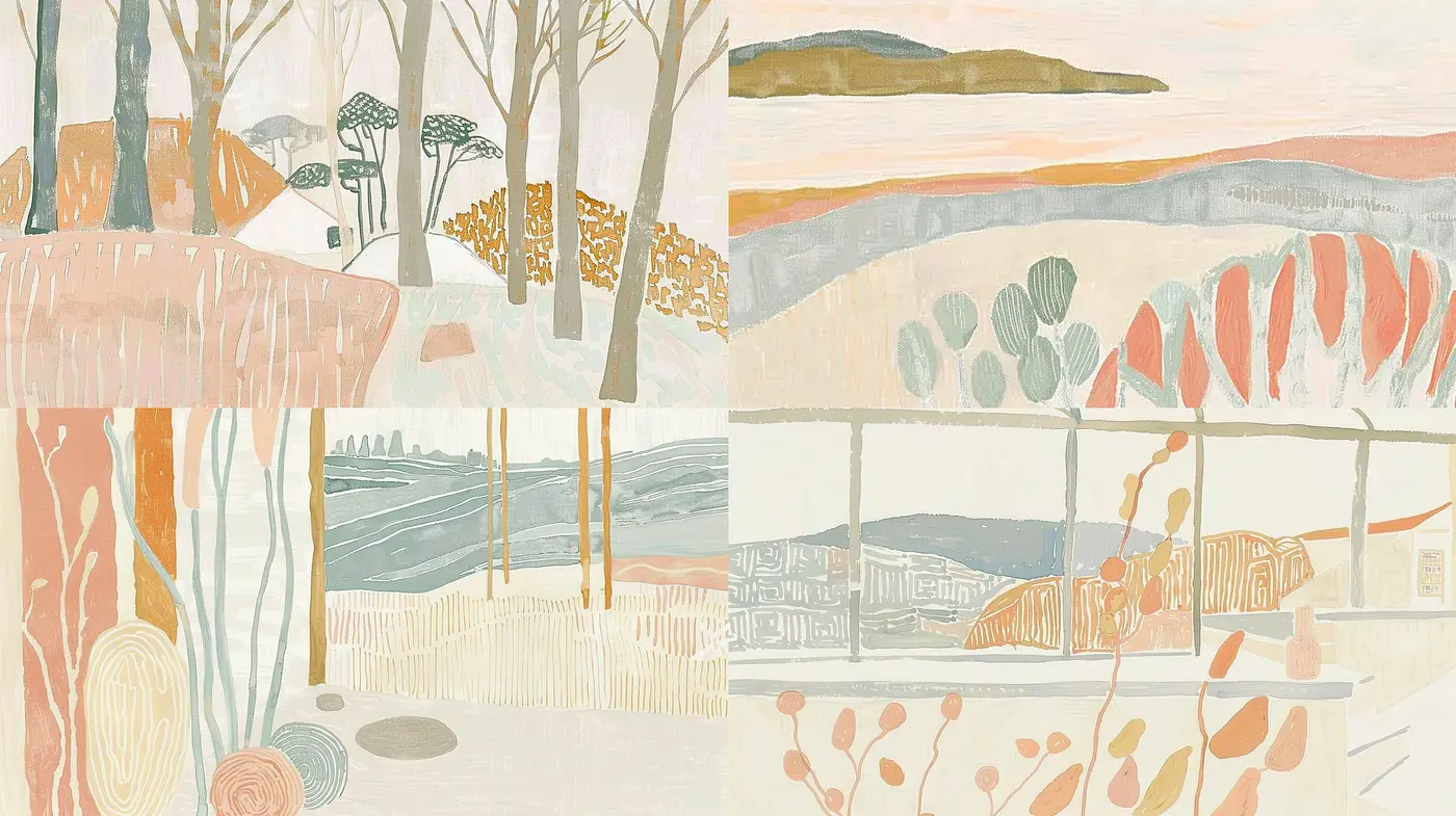 Subtle Hues of Serenity: Consistent Elements in a Cohesive Collection of Stylized Landscapes - Midjourney sref style