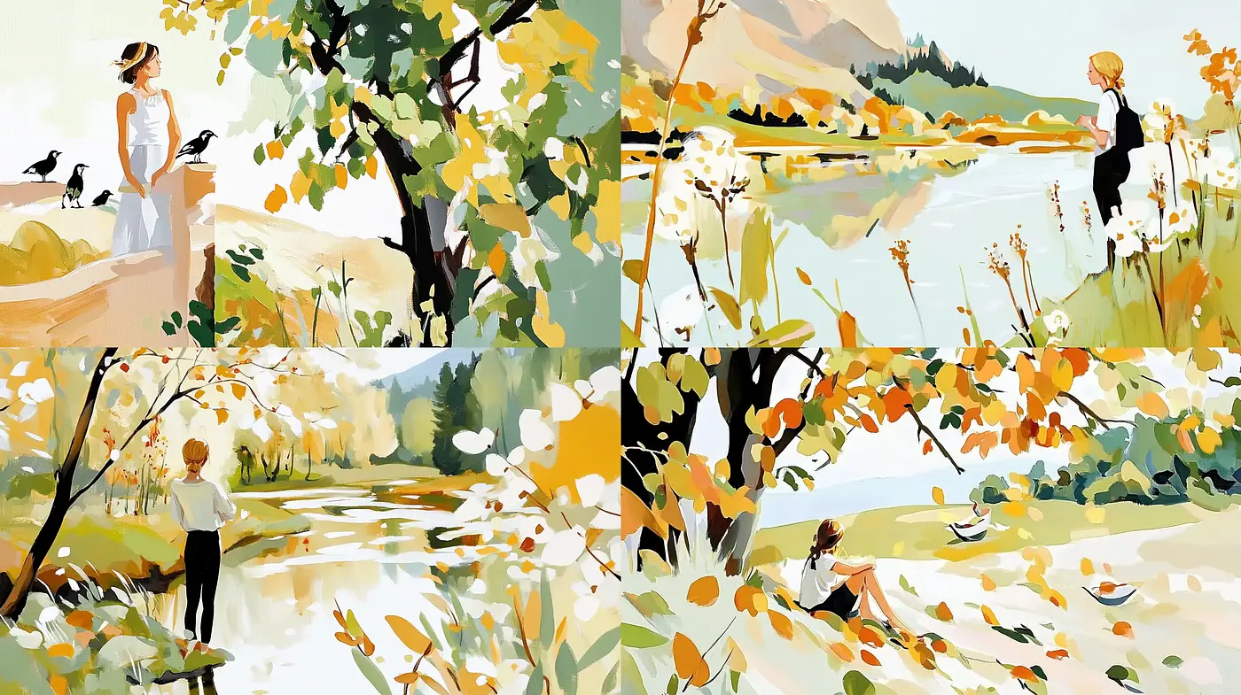 Serene Nature and Human Connection in a Painterly Expression - Midjourney sref style