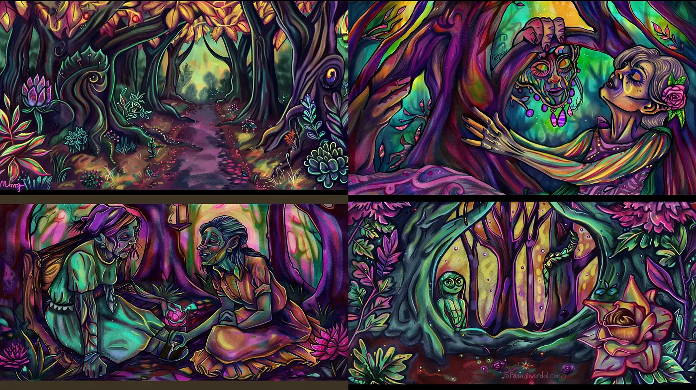 Mystical Chromatic Forest Dreamscape - Midjourney sref style