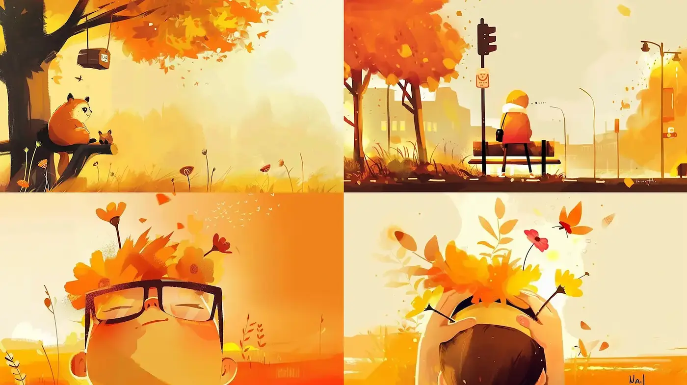Whimsical and Playful Autumn Illustrations with a Warm Palette - Midjourney sref style