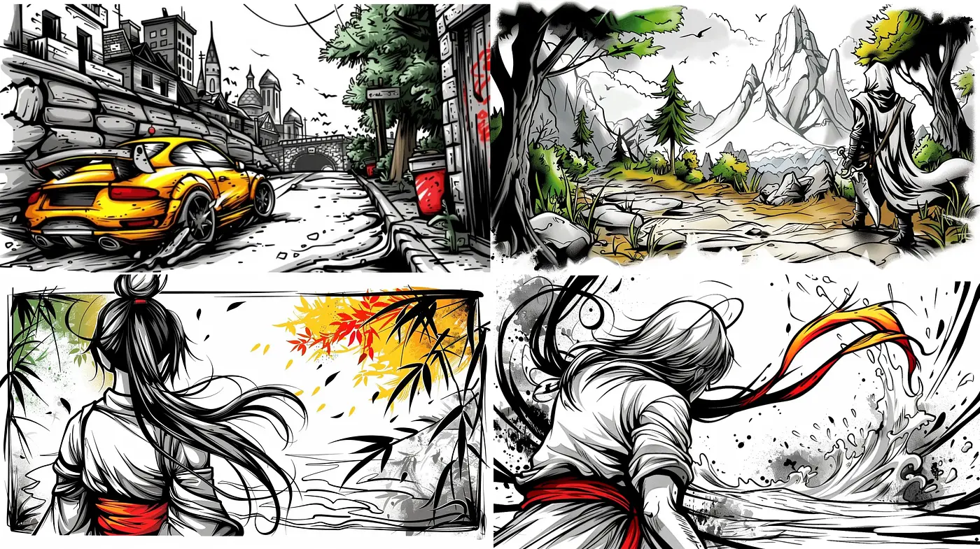 Dynamic Sketchbook Fusion with Pops of Color - Midjourney sref style
