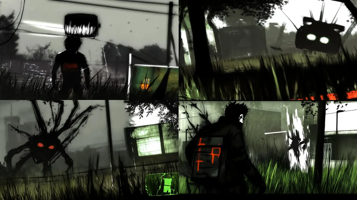 Shadowed Silhouettes and Contrasted Tones: A Fusion of Graphic Novel Vigor and Surrealist Mystery - Midjourney sref style