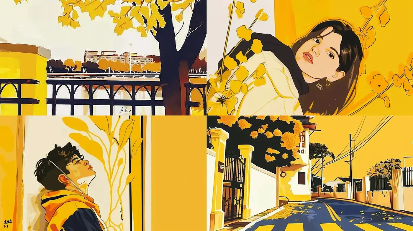 Vibrant Illustrative Style with a Warm Autumn Palette and Contemporary Influences - Midjourney sref style
