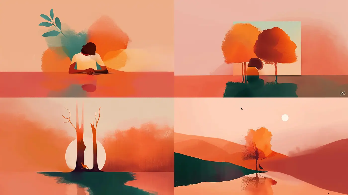 Serene Sunset Hues with Silhouetted Harmony - Midjourney sref style