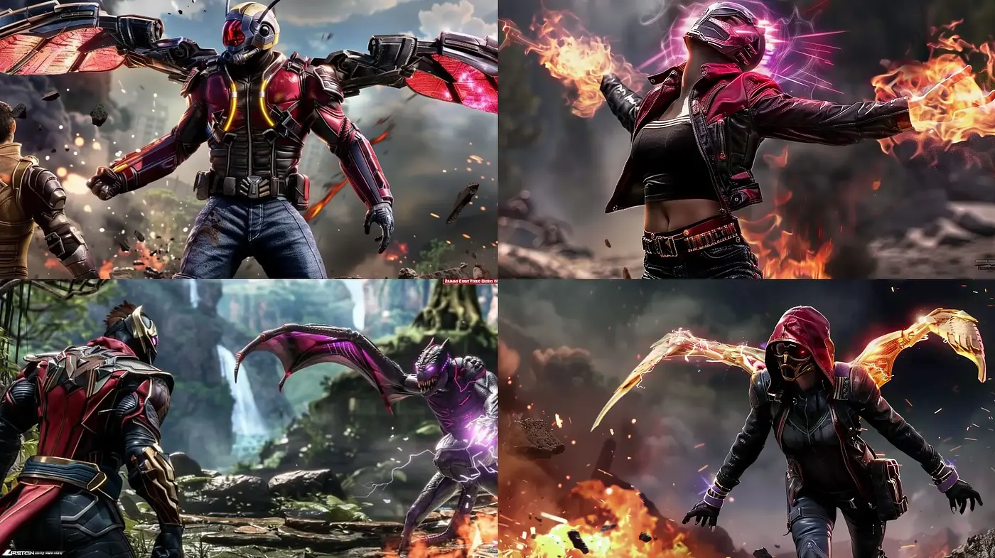 Dynamic Superhero Confrontation in Fiery Dystopian Universe - Midjourney sref style