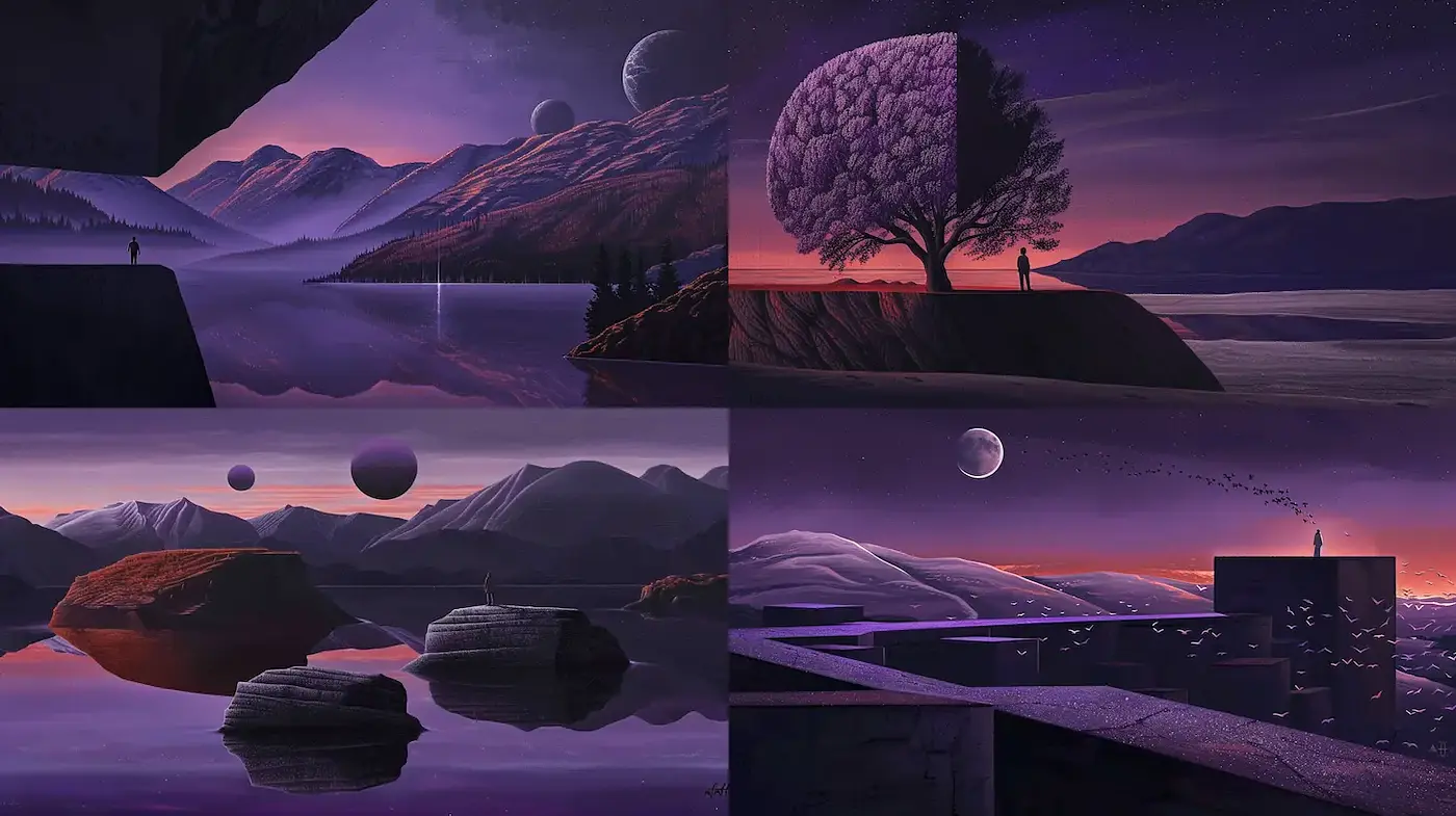 Surreal landscapes with organic elements and cosmic influences - Midjourney sref style