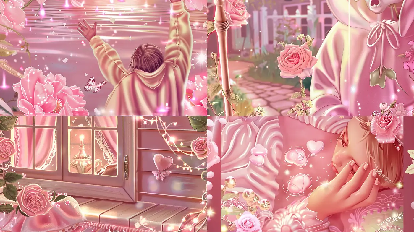 Rosy Twilight Dreamscape: A Surreal Fusion of Light and Florals - Midjourney sref style