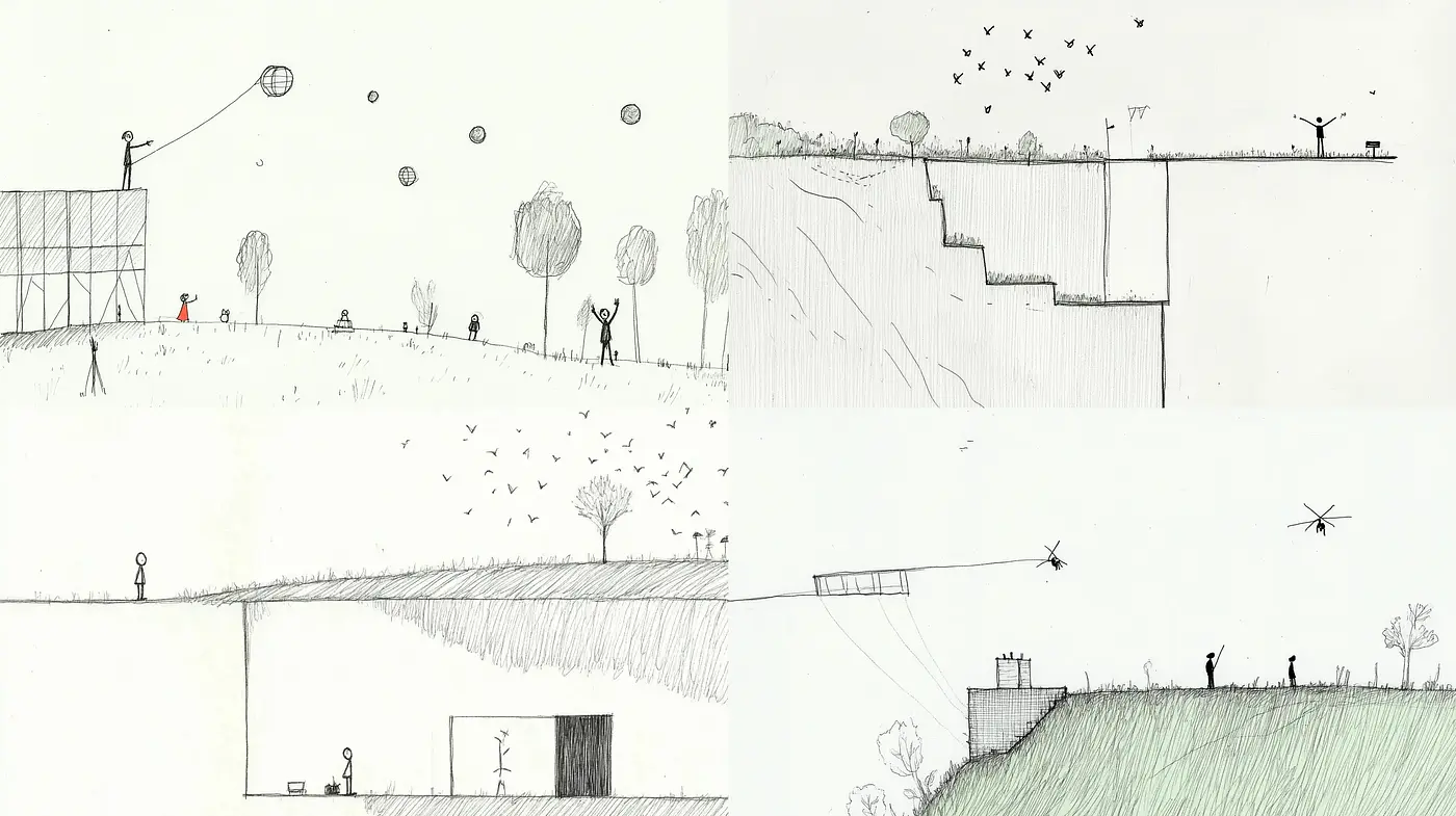 Monochromatic Sketches of Serene Vistas with Dynamic Bird Motifs - Midjourney sref style