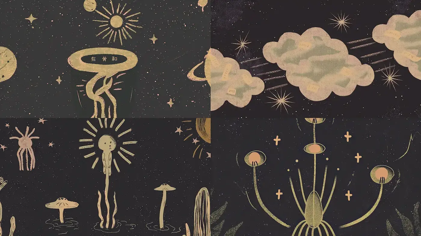Eclectic Cosmic Surrealism with a Vintage Aesthetic - Midjourney sref style