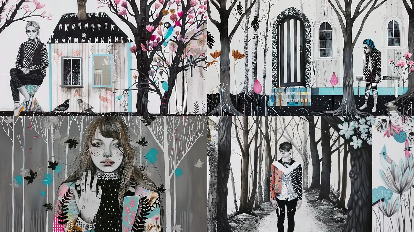 Monochromatic Mystique with Surreal Whimsy and Vibrant Accents - Midjourney sref style