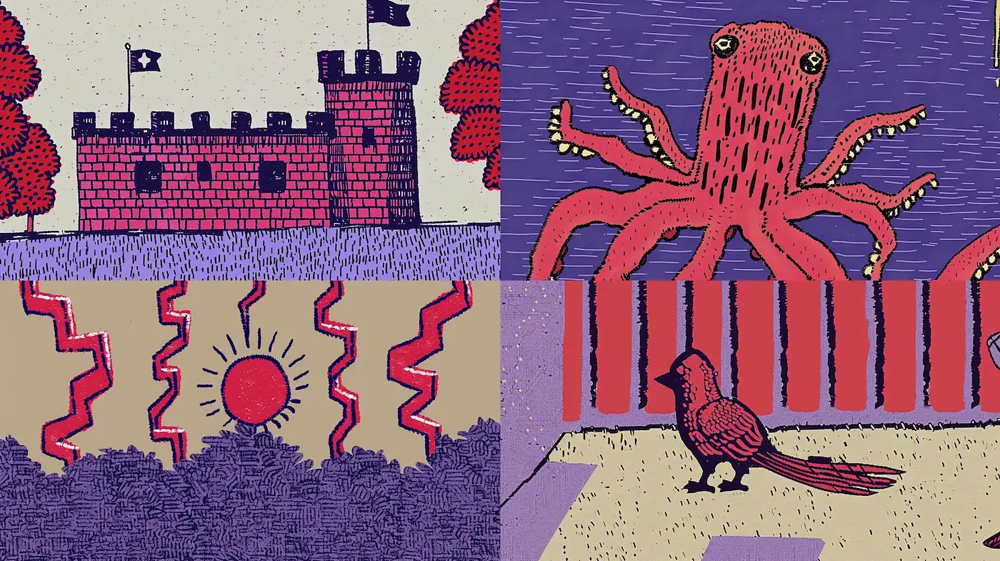 Playful and Quirky Layered Illustrations with Bold Lines - Midjourney sref style