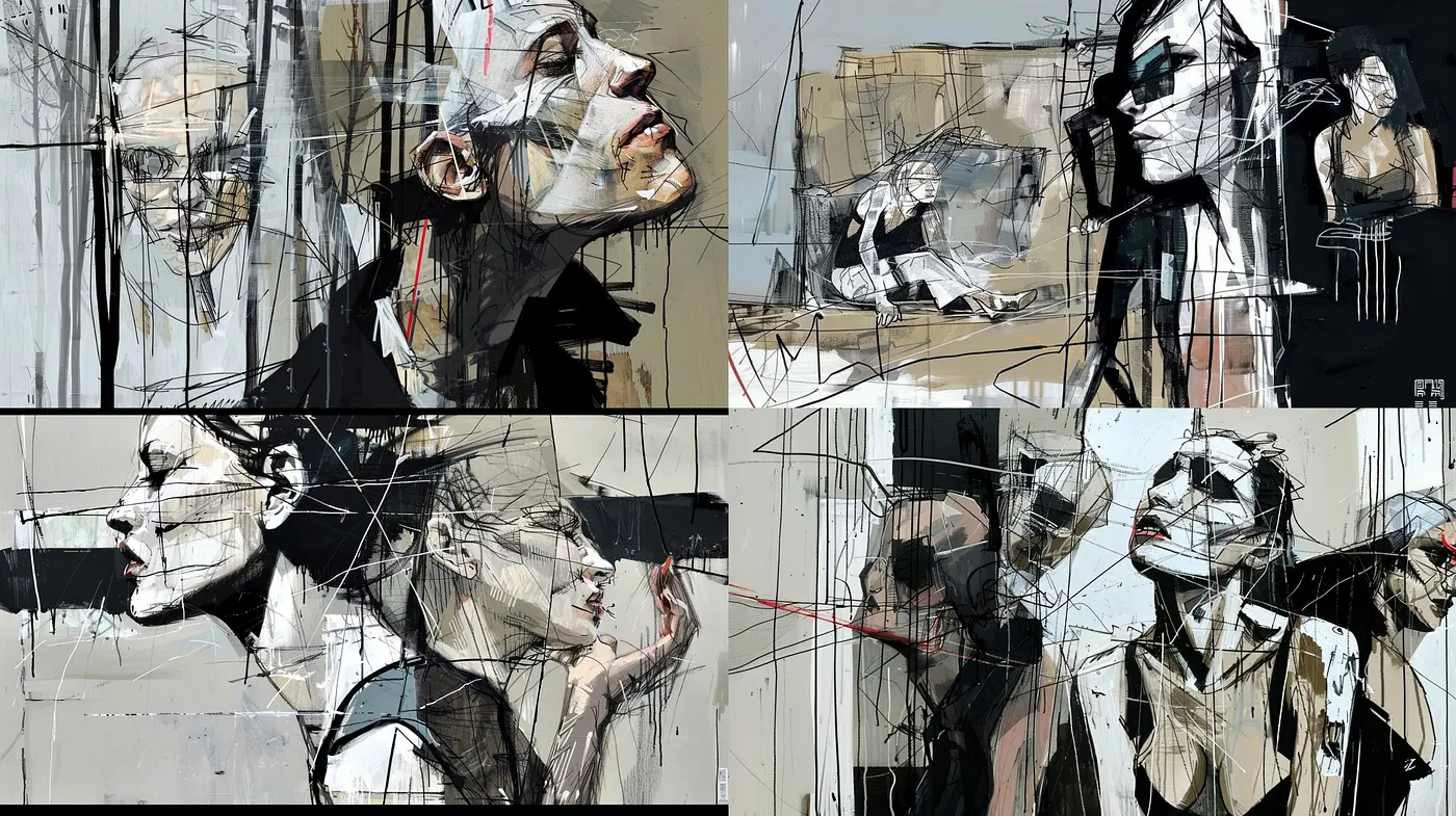Fragmented Elegance: A Contemporary Fusion of Abstract Expressionism and Figurative Art - Midjourney sref style