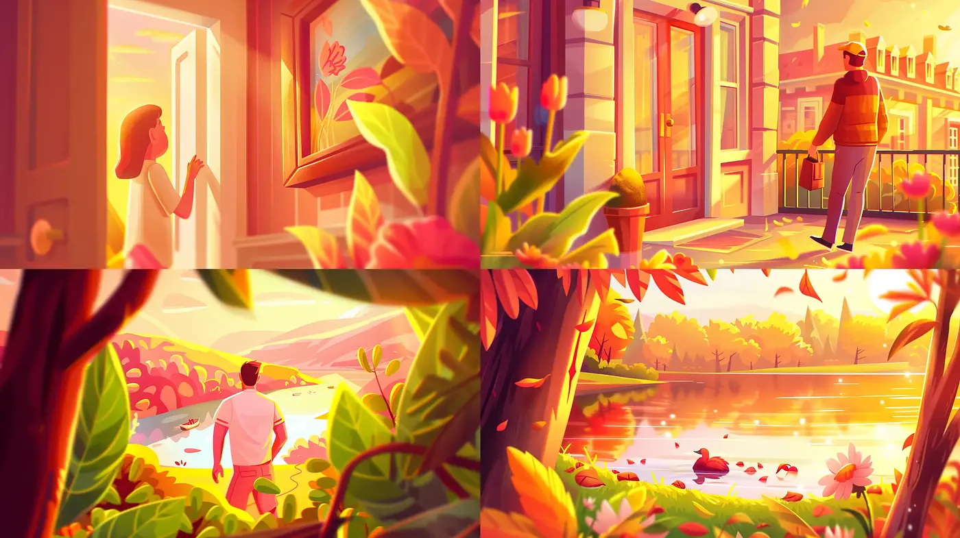 Warm Golden Hour Ambiance with Stylized Nature - Midjourney sref style