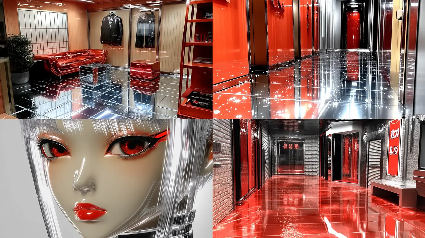 Futuristic Gloss and Sheen: A High-Contrast Red and Silver Aesthetic - Midjourney sref style
