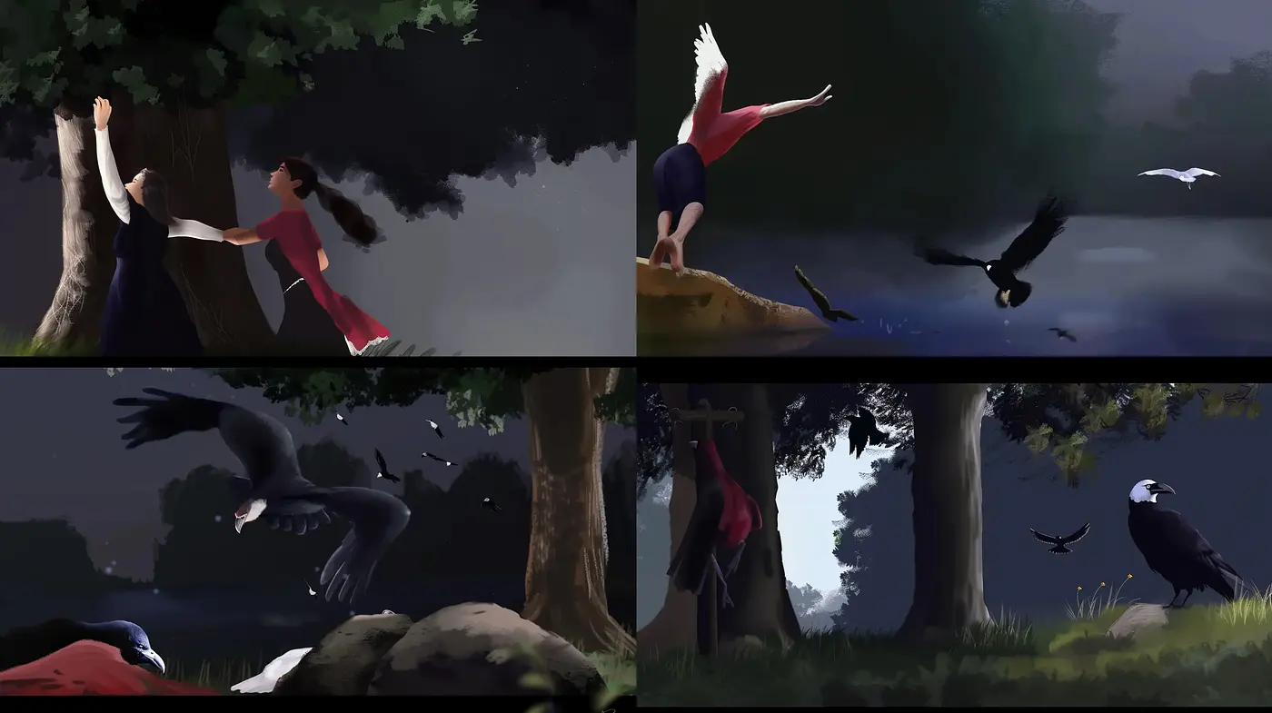 Ethereal Twilight: Enigmatic Interaction of Figures and Nature in Dusky Hues - Midjourney sref style