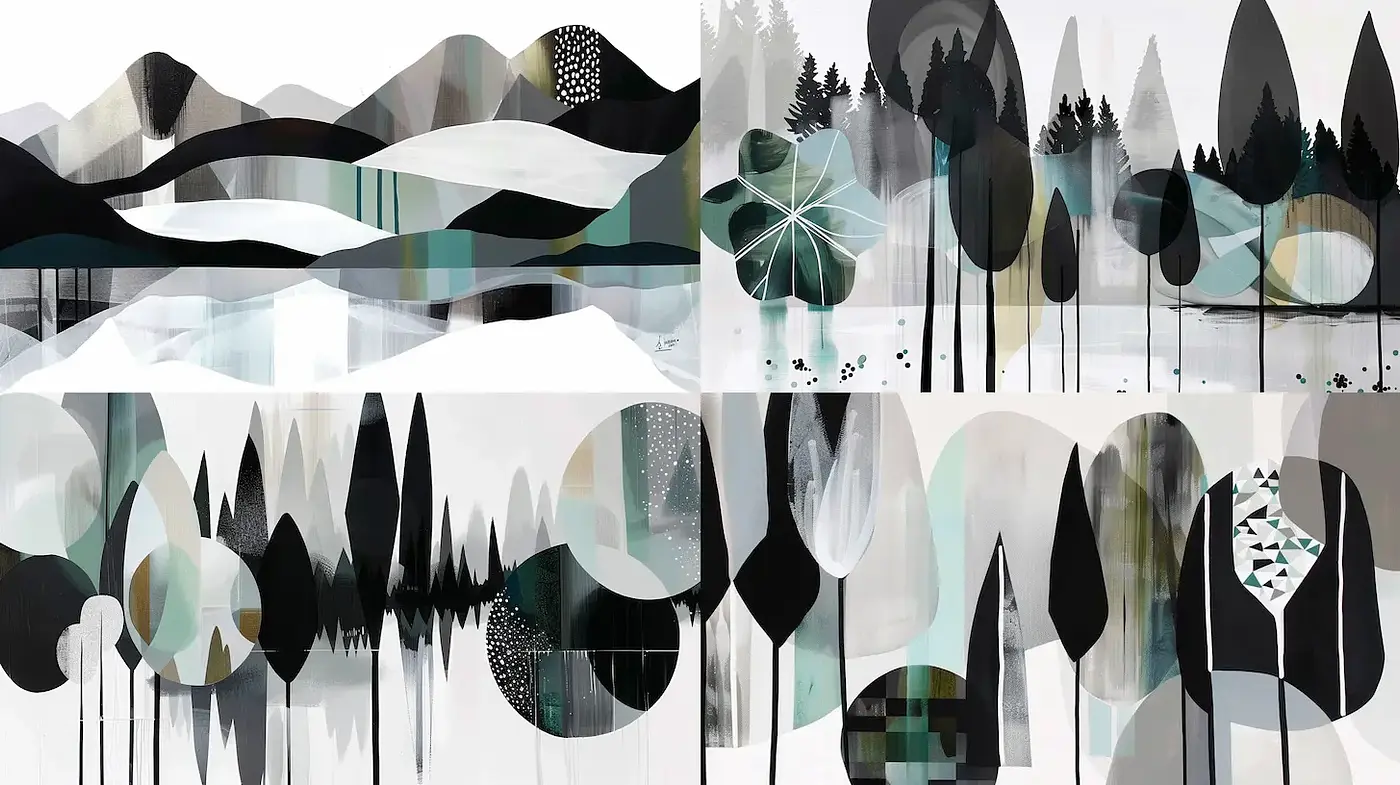 Geometric Landscape Art with Monochromatic Accents - Midjourney sref style