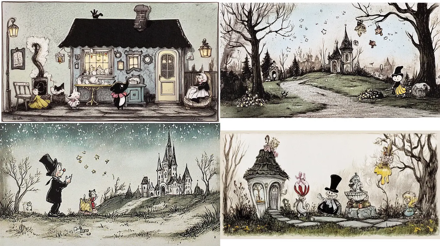 Whimsical Storybook Illustrations with a Gothic Twist - Midjourney sref style