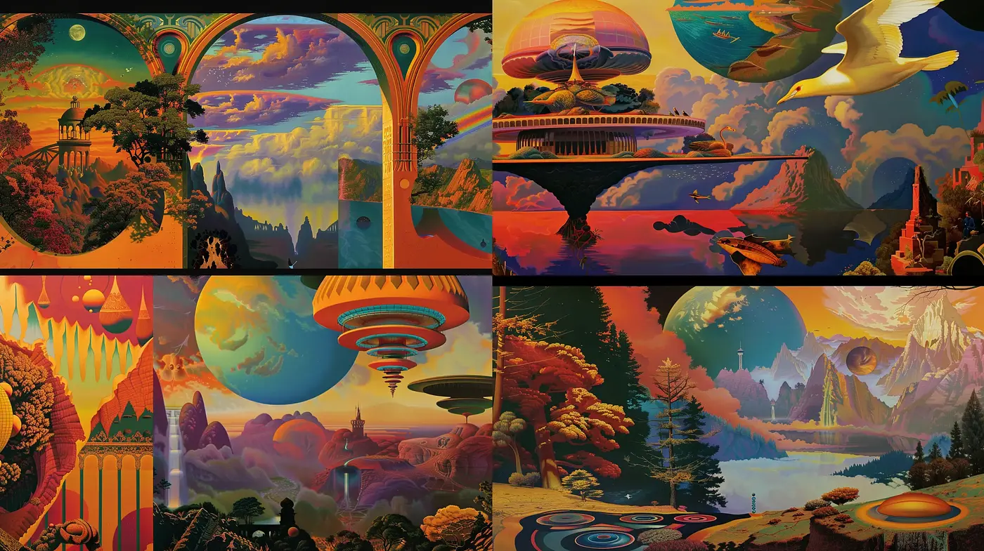 Sunset Hues in Surrealistic Sci-Fi Dreamscapes - Midjourney sref style