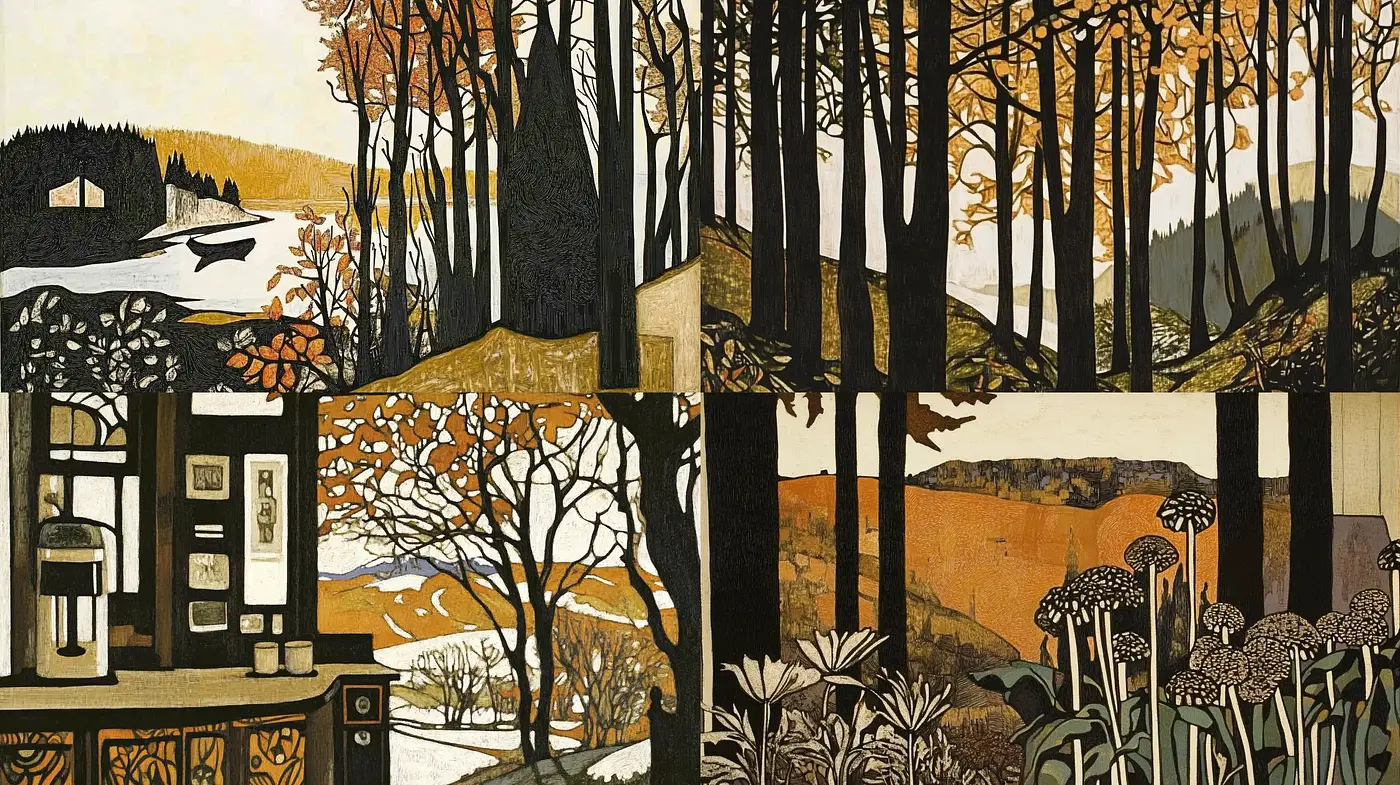 Autumnal Serenity Through Stylized Silhouette Landscapes - Midjourney sref style
