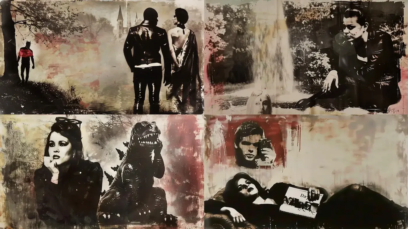 Dramatic and expressive monochromatic collage with a vintage edge - Midjourney sref style