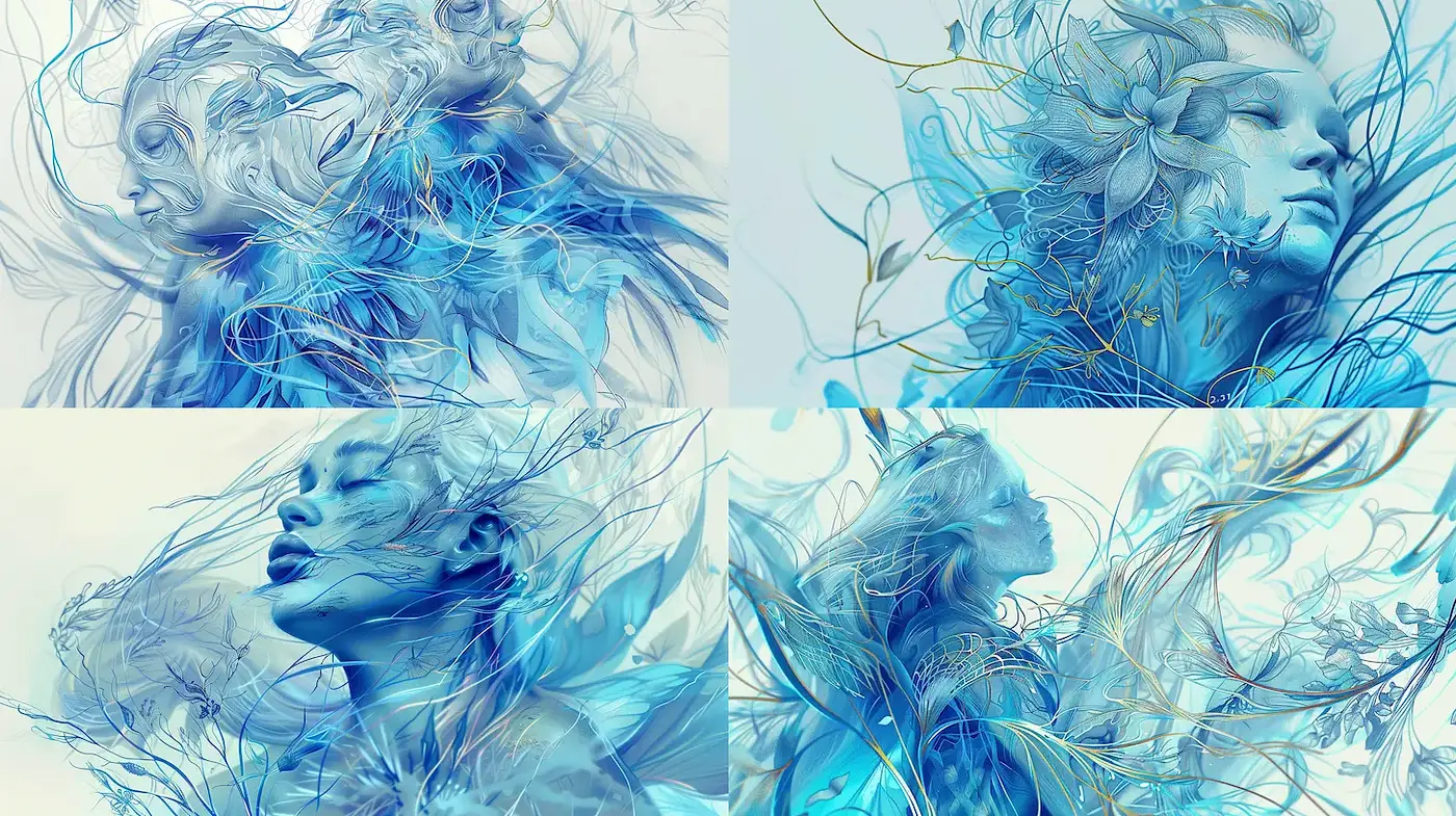 Fluid, ethereal beauty with organic motifs and dreamy textures - Midjourney sref style