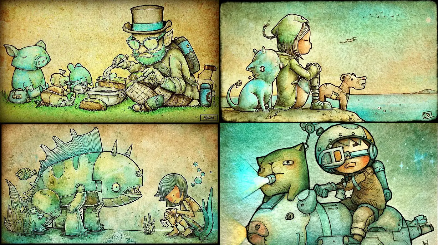 Whimsical and Playful Illustrated World with a Vintage Touch - Midjourney sref style