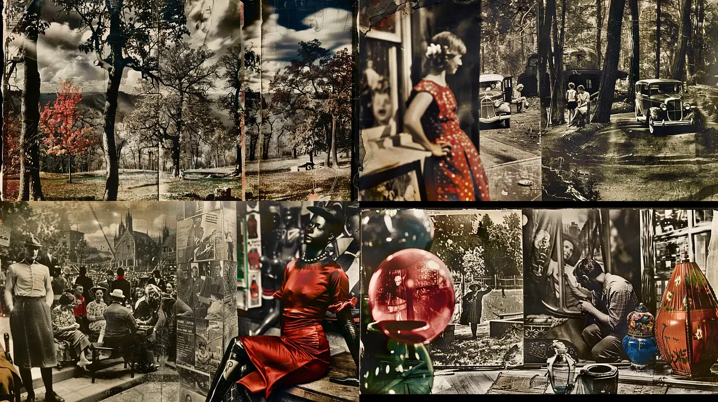 Sepia-Infused Retrospective Montage with Surrealist Undertones - Midjourney sref style