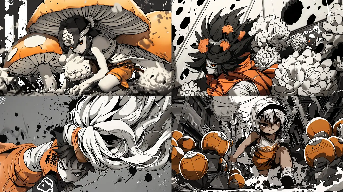 Monochrome Manga Dynamism with Splashes of Orange - Midjourney sref style