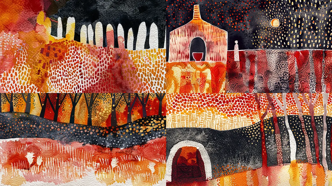Patchwork Quilt of Warm Hues: A Textured Synthesis of Abstract and Figurative Elements - Midjourney sref style