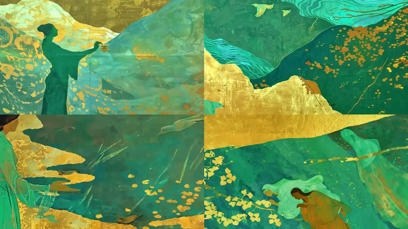 Ethereal Aquatic Dreamscape in Gold and Emerald - Midjourney sref style