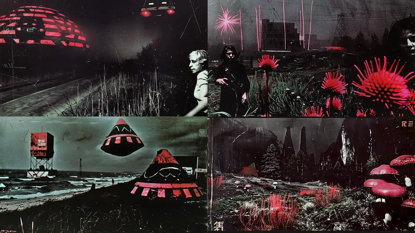 Surreal, dystopian exploration with retro sci-fi elements - Midjourney sref style