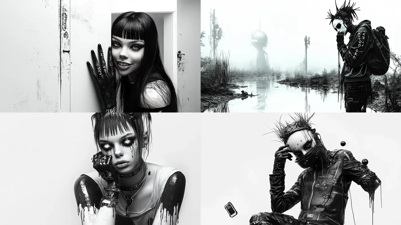 Monochromatic Cyberpunk Reverie - Midjourney sref style