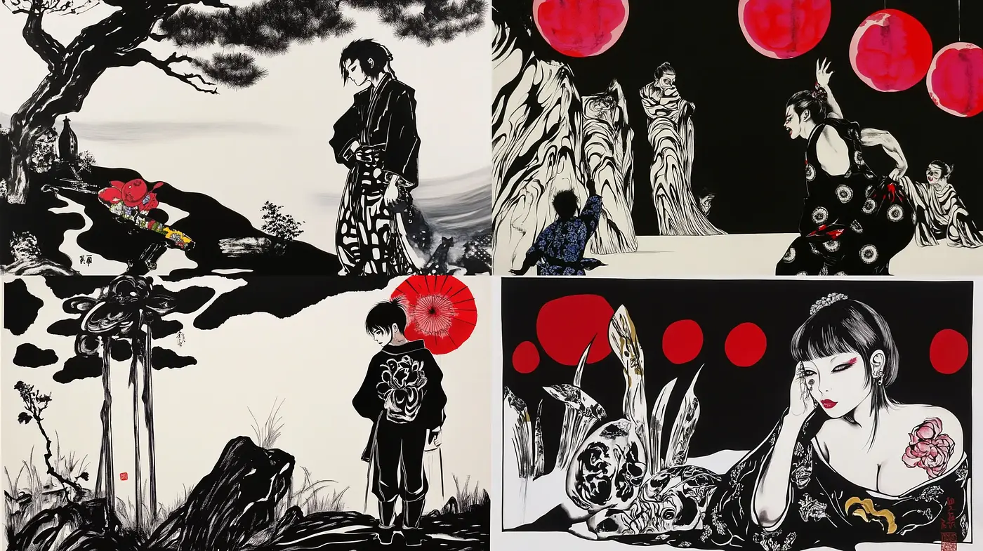 Contrast-Emphasized Monochromatic Harmony with Red Accents - Midjourney sref style