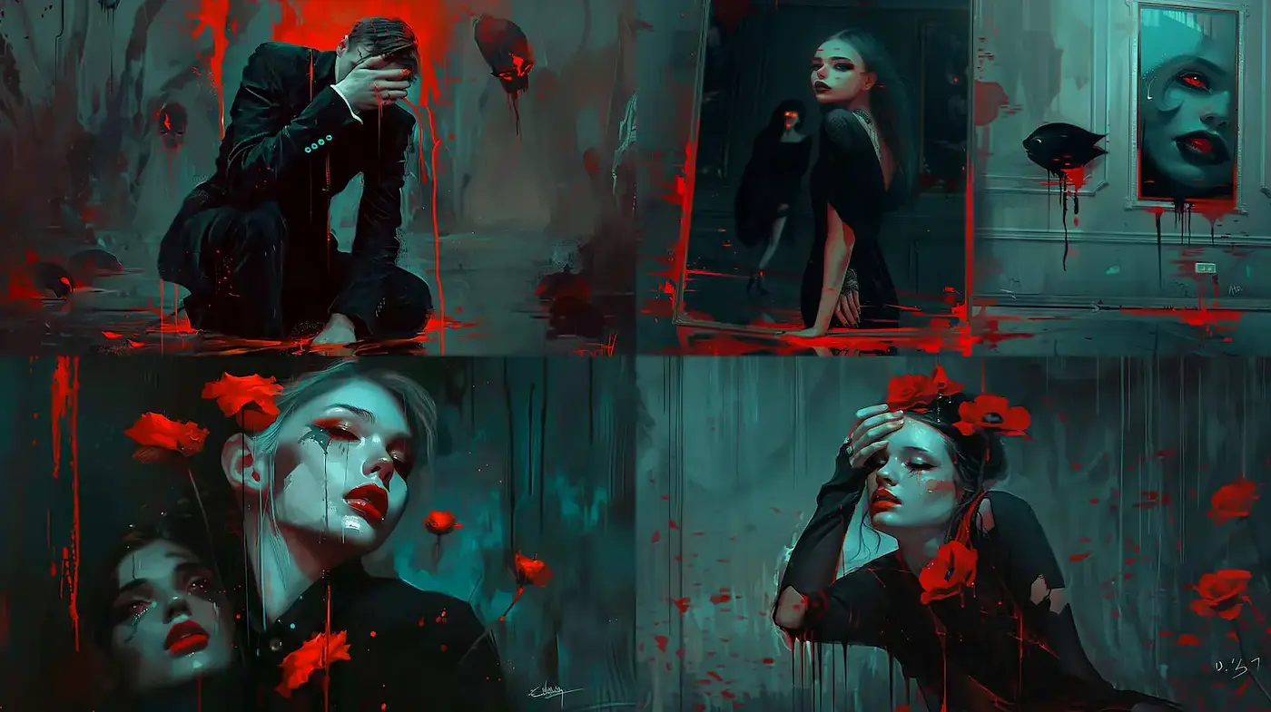 Dramatic and Introspective Portraiture with Surreal Elements - Midjourney sref style