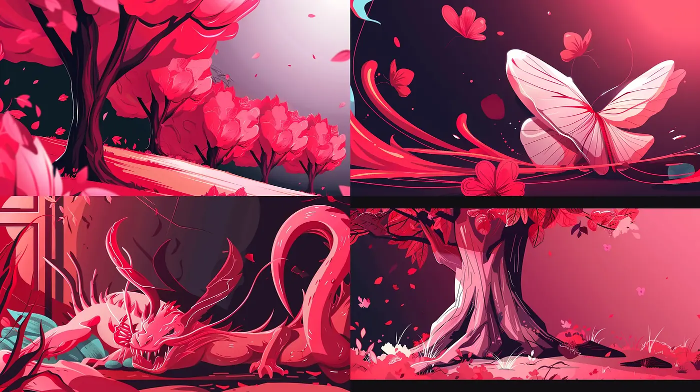 Crimson Dreamscape: An Ode to Stylized Nature in Radiant Hues - Midjourney sref style