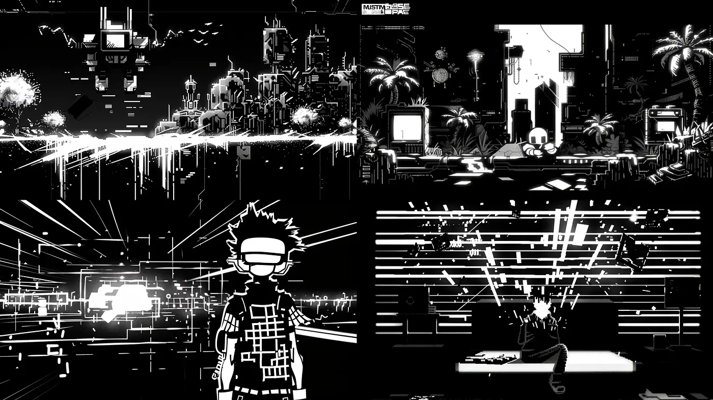 Monochromatic Cyberpunk Dreamscape - Midjourney sref style