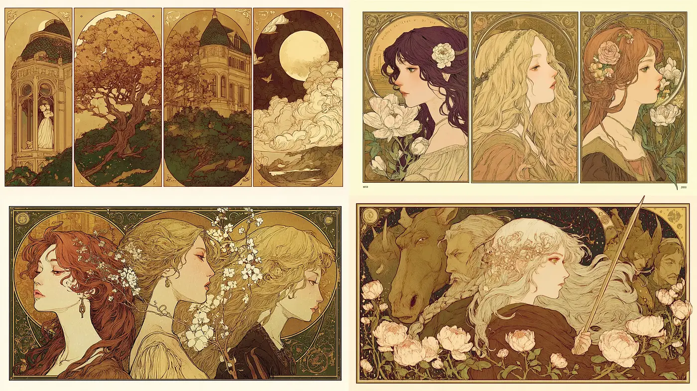 Art Nouveau-inspired illustrations with a soft, organic aesthetic - Midjourney sref style