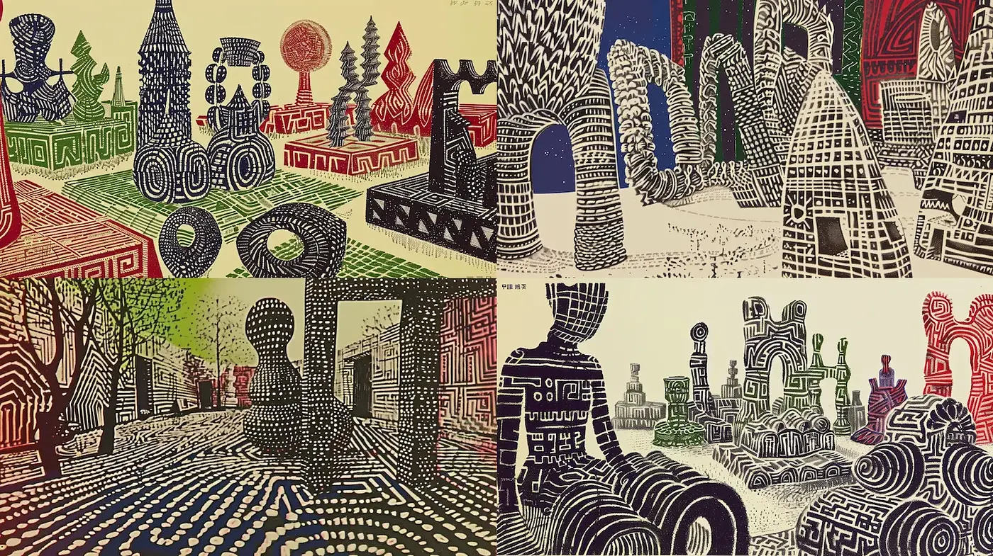 Playful yet Structured Surreal Landscapes with Geometric Patterns - Midjourney sref style
