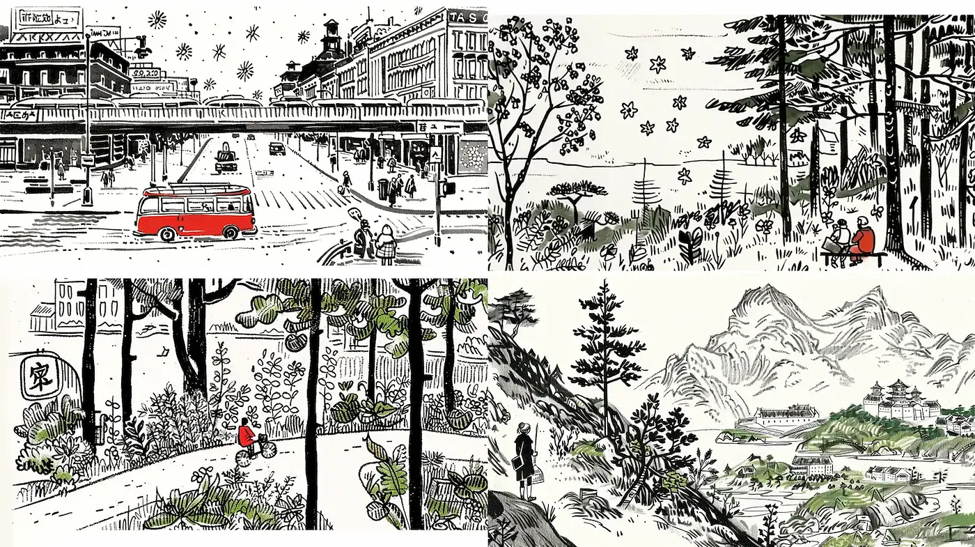 Charming blend of urban and natural landscapes with whimsical detail - Midjourney sref style