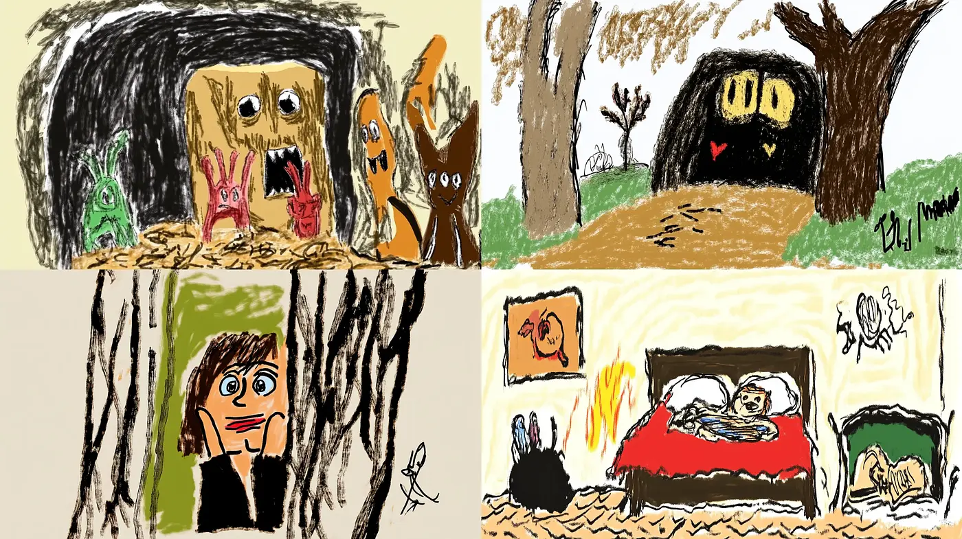 Whimsical Naïveté in Stylized Crayon Drawings - Midjourney sref style