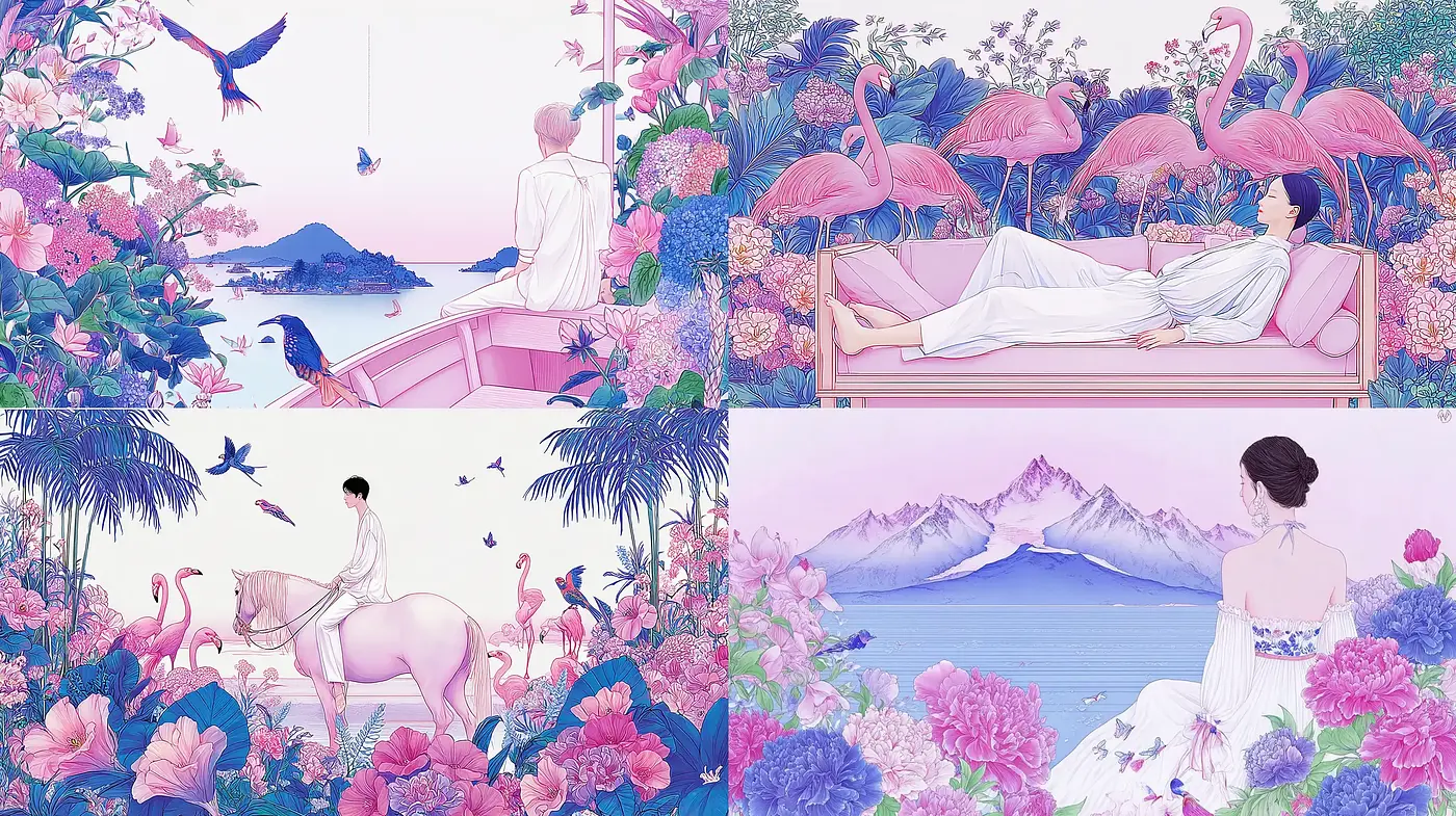 Dreamlike pastel landscapes with a serene and whimsical quality - Midjourney sref style