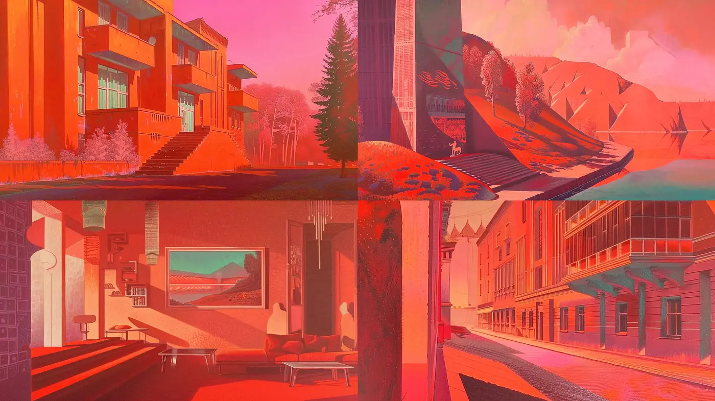 Crimson Dusk: A Serene Blend of Idyllic Urban and Natural Landscapes Under a Surreal Red Hue - Midjourney sref style