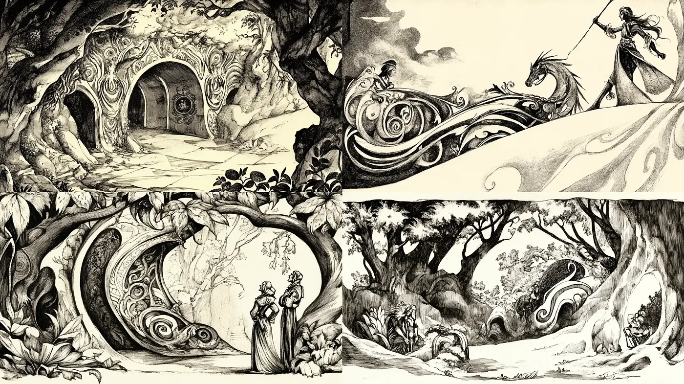 Enchanted Inkscapes: An Ode to Monochromatic Fantasy and Whimsical Illustration - Midjourney sref style