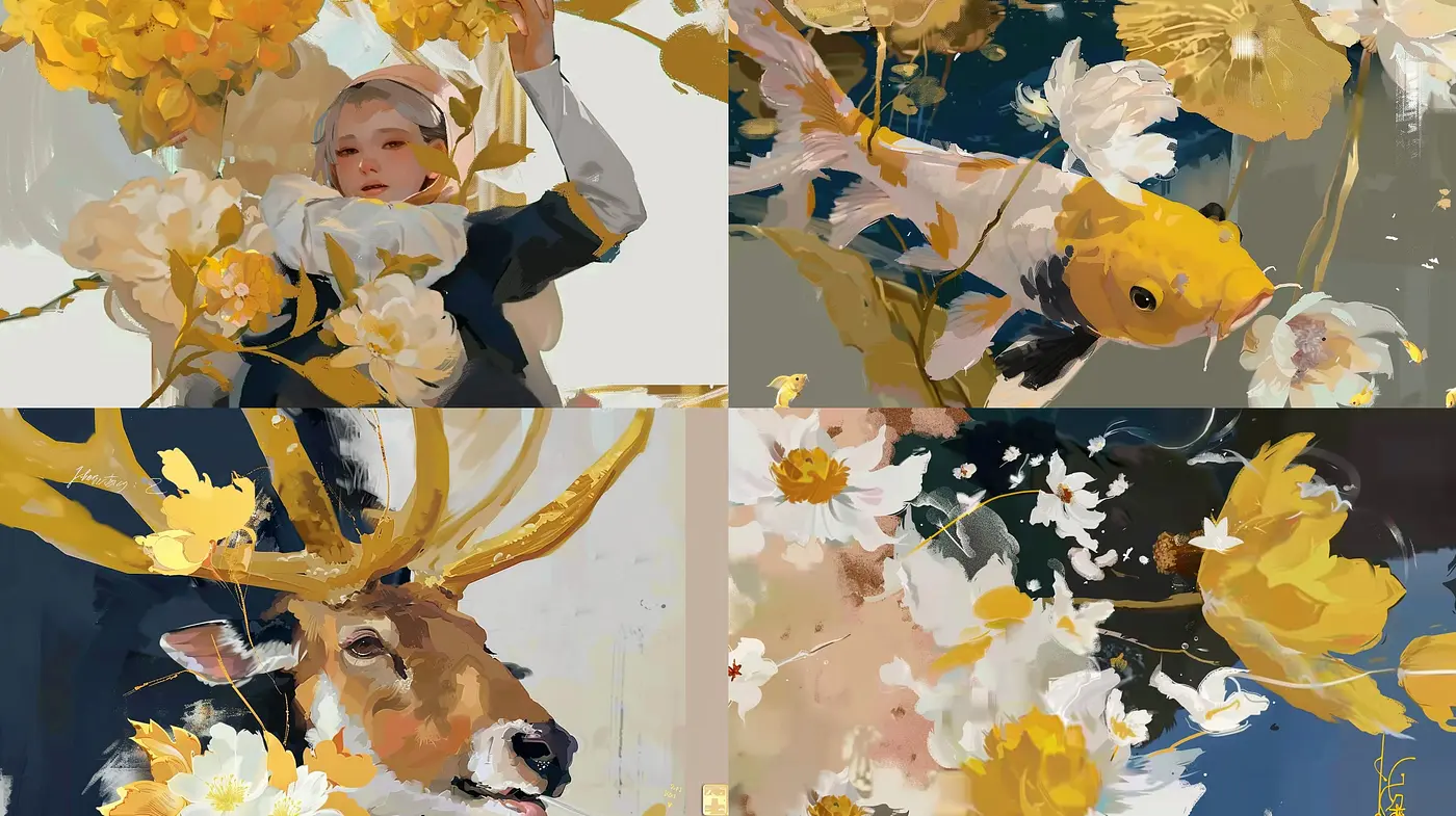 Golden Hues and Brushstroke Harmony: A Study in Textured Whimsy - Midjourney sref style