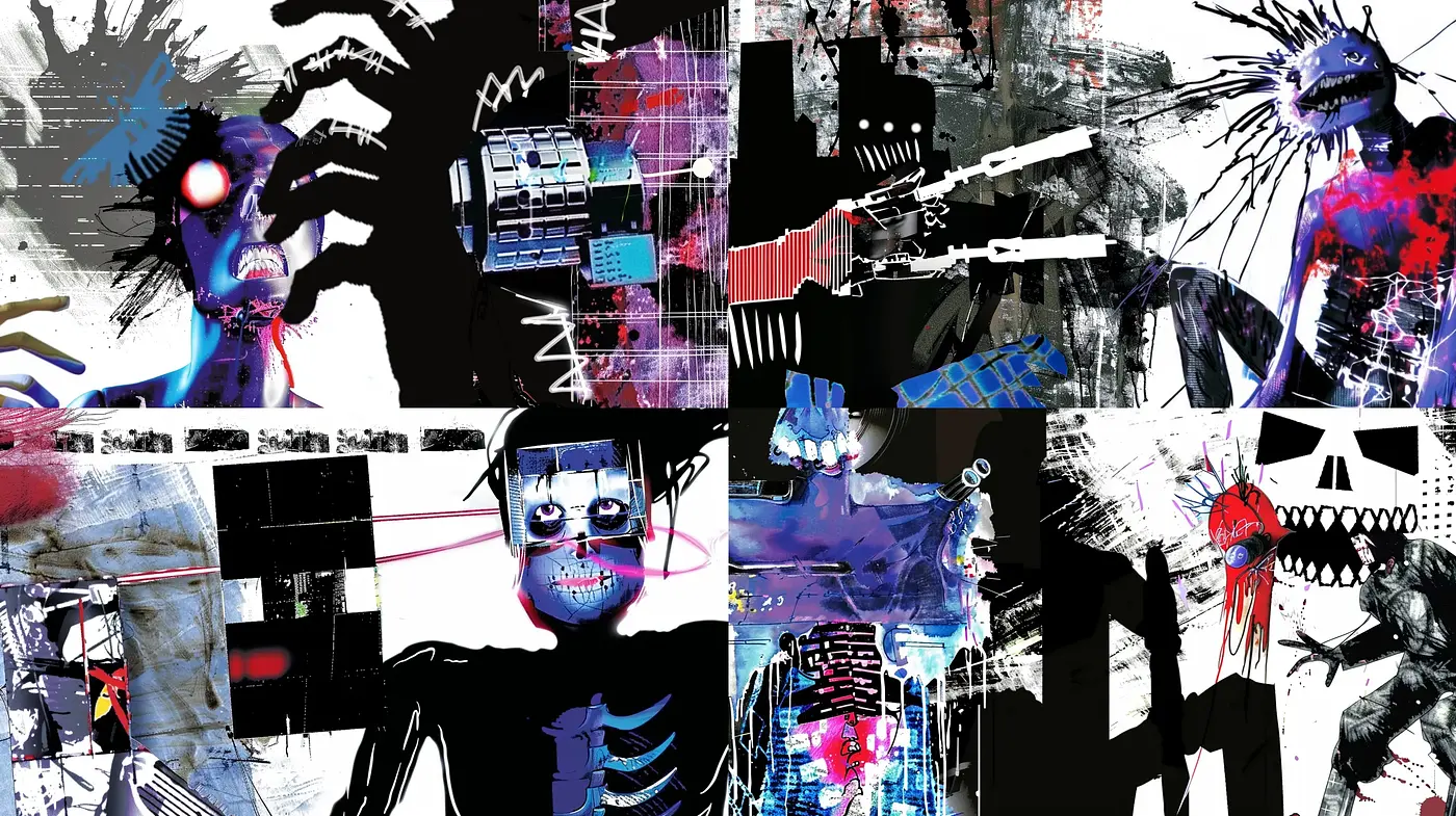 Chaotic Cyberpunk Collage with Expressionist Undertones - Midjourney sref style