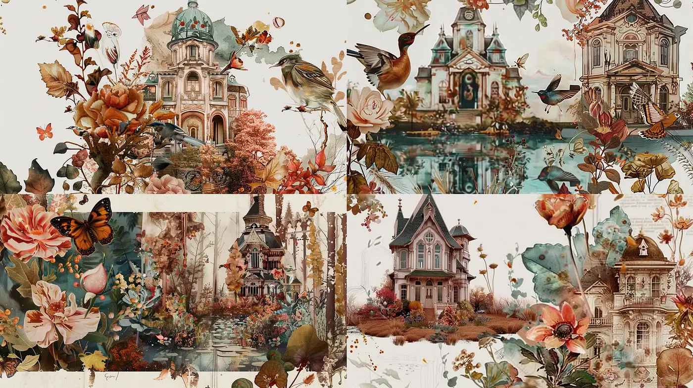 Enchanted Botanical Elegance: A Tale of Florals and Fantasy Architecture - Midjourney sref style