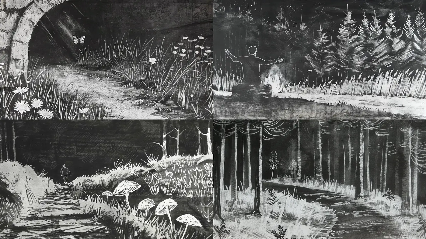 Monochromatic Whisperings of a Mystic Wilderness - Midjourney sref style